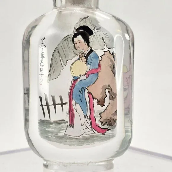 Hand-Painted Chinese Snuff Bottle With Traditional Woman & Landscape Scene je138